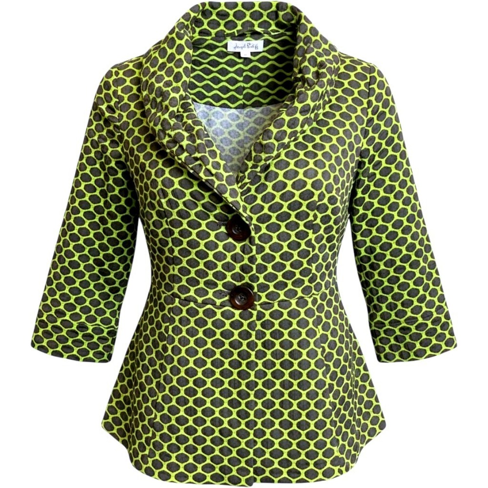 Joseph Ribkoff Womens 8 Lime Green Black Honeycomb Wire Collar Peplum Jacket